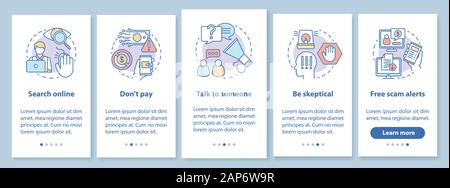 Scam Prävention Onboarding mobile App Seite Bildschirm mit linearen Konzepten. Suche online. Fünf exemplarische Vorgehensweise Schritte grafische Anweisungen. Kostenlose scam Warnungen. Stock Vektor