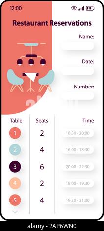 Reservierungen im Restaurant smartphone Schnittstelle vektor Vorlage. Mobile App Seite rote und weiße Design Layout. Tisch reservieren. Flachbild-UI für Anw Stock Vektor