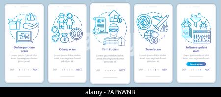 Scam Arten Onboarding mobile App Seite Bildschirm vektor Vorlage. Online Kauf und Miete betrug. Exemplarische Vorgehensweise website Schritte mit linearen Abbildungen. U Stock Vektor
