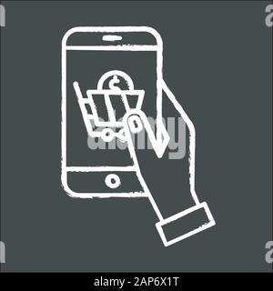 Online shop Chalk Symbol. Hand smartphone. Das Kaufen und bestellen von Produkten im Internet speichern. Online Shopping, e-commerce. Die digitale Technologie. Isol Stock Vektor