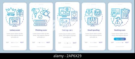 Scam Arten Onboarding mobile App Seite Bildschirm vektor Vorlage. Exemplarische Vorgehensweise website Schritte mit linearen Abbildungen. Lotterie Scam. UX, Benutzeroberfläche, GUI smartphon Stock Vektor