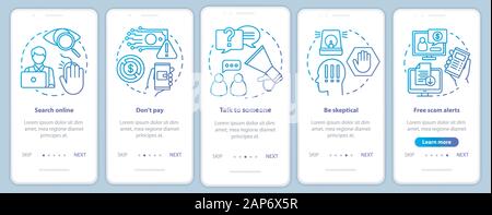 Scam Prävention Onboarding mobile App Seite Bildschirm vektor Vorlage. Suche online. Exemplarische Vorgehensweise website Schritte mit linearen Abbildungen. UX, Benutzeroberfläche, GUI-sma Stock Vektor