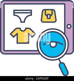 Suche produkt Farbe Symbol. E-Commerce Kunden, Einkäufe im Internet zu speichern. Kunde sucht Waren in den on-line-Anwendung. Konsumismus und mercha Stock Vektor