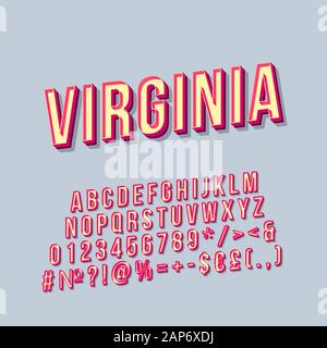 Virginia vintage 3d Vektor Schriftzug. Retro bold Font, Schrift. Pop Art stilisierten Text. Old School Style Buchstaben, Zahlen, Symbolen pack. 90 s, 80 s Poste Stock Vektor