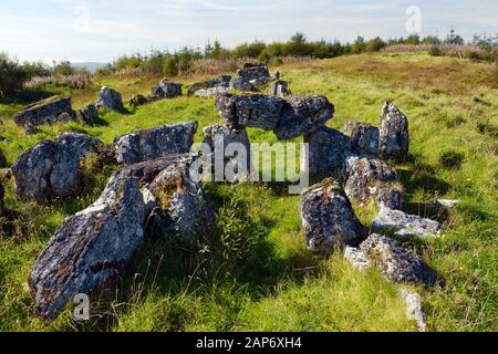 Deerpark Court Tomb neolithische Grabstätte alias Magherahanrush. Co. Sligo, Irland. W. von N. aus betrachtet, zwei Grabkammern in den zentralen Hof. 5000 Jahre Stockfoto