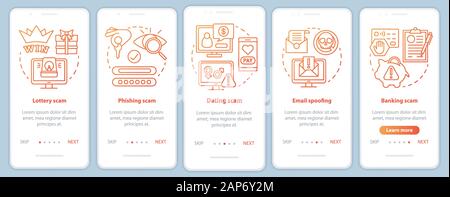 Scam Arten Onboarding mobile App Seite Bildschirm vektor Vorlage. Exemplarische Vorgehensweise website Schritte mit linearen Abbildungen. Phishing scam. UX, Benutzeroberfläche, GUI smartpho Stock Vektor