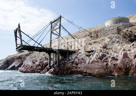 Vögel auf einem alten Pier auf den Ballestas-Inseln, Paracas Stockfoto