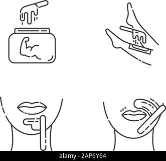 Hart Wachs lineare Symbole gesetzt. Shin, Kinn, Oberlippe Haarentfernung. Kalte natürlichen Wachs in jar. Gesichtsbehaarung Depilation. Thin Line Kontur Symbole. Isoliert Stock Vektor