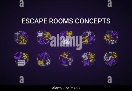 Escape Zimmer neon Light Concept Icons einstellen. Suche nach verschiedenen Themen, Typen Idee. Strategie logische Sammlung. Puzzles und Rätsel lösen. Glo Stock Vektor