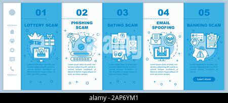 Scam Arten Onboarding mobile web Seiten vektor Vorlage. Reaktionsschnelle smartphone website Schnittstelle Idee mit linearen Abbildungen. Lotterie, Phishingbetrug Stock Vektor