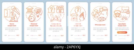 Escape Zimmertypen Onboarding mobile App Seite Bildschirm mit linearen Konzepten. Quest Spiel rot gradientncategories. Exemplarische Vorgehensweise grafische Anweisungen. UX, UI Stock Vektor