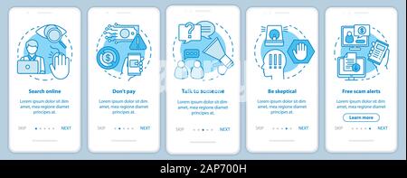 Scam Prävention Onboarding mobile App Seite Bildschirm mit linearen Konzepten. Fünf exemplarische Vorgehensweise Schritte grafische Anweisungen. Kostenlose scam Warnungen. Suche online. Stock Vektor