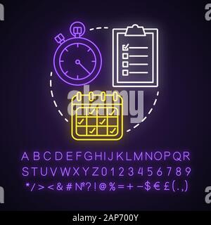 Wählen Sie Datum und Zeit Neon Licht Konzept Symbol. Tag, Stunde Idee. Der Reservierung. Zeitmanagement, Zeitplanung. Leuchtende Zeichen mit Alphabet, Numb Stock Vektor