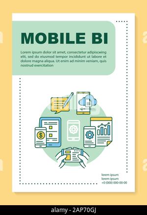 Mobile BI Plakat Vorlage, Layout. Business Intelligence. Umsatz. Die Analyse der Daten. Banner, Broschüre, Faltblatt Print Design, lineare Symbole. Vektor br Stock Vektor