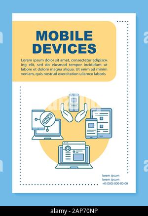 Mobile Geräte Plakat Vorlage, Layout. Smartphone und Tablet. Mobile Anwendung. Banner, Broschüre, Faltblatt Print Design, lineare Symbole. Vektor Broschüre Stock Vektor