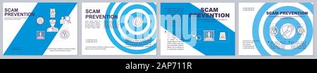 Scam Prävention blaue Broschüre Vorlage. Schutz vor Betrug Flyer, Broschüre, Prospekt Design mit linearen Abbildungen. Stoppen illegalen Aktionen. Vektor pa Stock Vektor