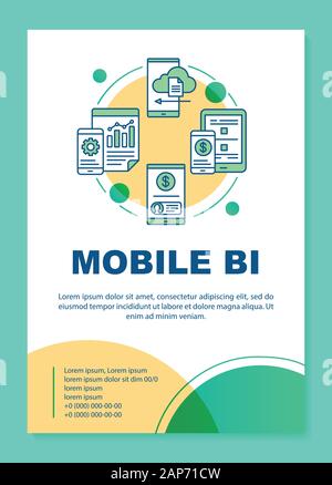 Mobile BI Plakat Vorlage, Layout. Business Intelligence. Mobile Daten analysieren. Banner, Broschüre, Faltblatt print Design mit linearen Symbolen. Vektor brochu Stock Vektor