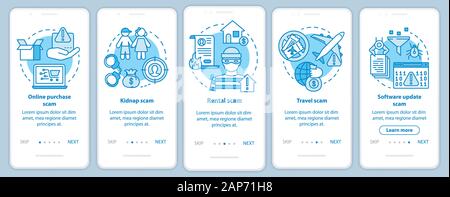 Scam Arten Onboarding mobile App Seite Bildschirm mit linearen Konzepten. Online Kauf und Miete betrug. Fünf exemplarische Vorgehensweise Schritte grafische Anweisungen. UX, Stock Vektor