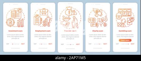 Scam Arten Onboarding mobile App Seite Bildschirm vektor Vorlage. Exemplarische Vorgehensweise website Schritte mit linearen Abbildungen. Investitionen und Beschäftigung betrug. UX Stock Vektor