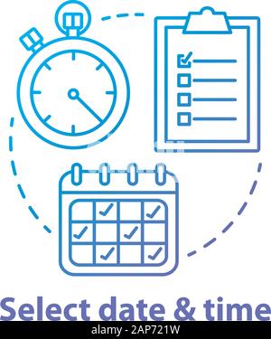 Wählen Sie Datum und Zeit blau Konzept Symbol. Wählen Sie Tag und Stunde dünne Linie Abbildung. Reservierung, Buchung. Zeitmanagement und Zeitplanung. Calen Stock Vektor