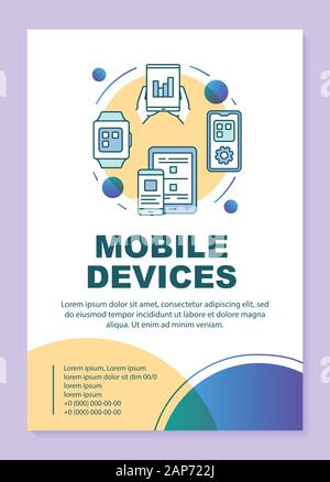 Mobile Geräte Plakat Vorlage, Layout. Smartphone und Tablet. Mobile Software. Banner, Broschüre, Faltblatt print Design mit linearen Symbolen. Vektor brochur Stock Vektor