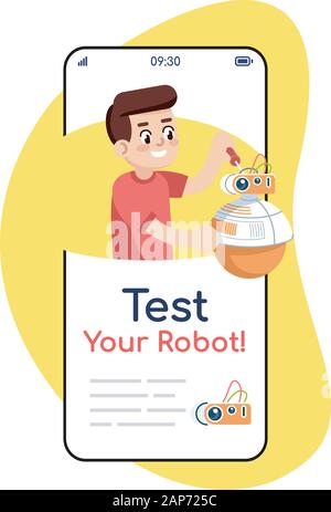 Testen Sie Ihre Roboter social media Beiträge Smartphone App. Handy Displays mit Zeichentrickfiguren design mockup. Elektronische Bau assembl Stock Vektor