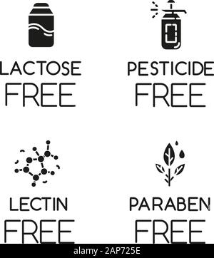 Produkt frei Zutat Glyphe Symbole gesetzt. Keine Laktose, Pestizid, Lektine, Paraben. Nicht-chemische Arzneimittel. Diätetische ohne Allergene. Silhouette s Stock Vektor