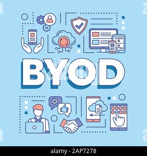 BYOD Wort Konzepte Banner. Bringen Sie Ihr eigenes Gerät. Mit der Persönlichen Gadgets auf Arbeitsplatz. Präsentation, Website. Isolierte schrift Typografie Idee mit Stock Vektor