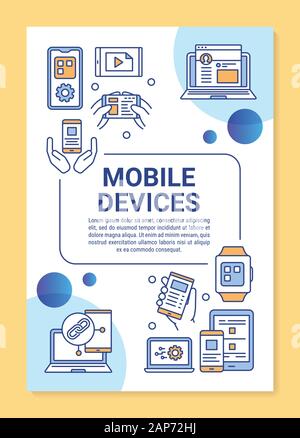 Mobile Geräte Plakat Vorlage, Layout. Smartphone und Tablet. Mobile App Entwicklung. Banner, Broschüre, Faltblatt Print Design, lineare Symbole. Vektor Broc Stock Vektor