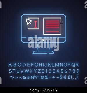 Website Lokalisierung, DTP-Dienstleistungen Neonlicht Symbol. Fehlerkorrektur. Dokument Seitenlayout. Lokalisierung von Websites. Leuchtende Zeichen mit Alphabet, Anzahl Stock Vektor