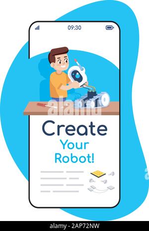 Ihr Roboter social media Beiträge Smartphone App Bildschirm erstellen. Handy Displays mit Zeichentrickfiguren design mockup. Einbauanleitung für Con Stock Vektor