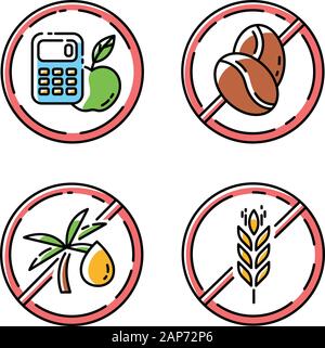 Produkt frei Zutat farbige Symbole gesetzt. Keine Kalorien, Koffein, Palmöl, Gluten. Bio Lebensmittel zur Gewichtsreduktion. Gesunde Ernährung ohne Allergene. Bal Stock Vektor