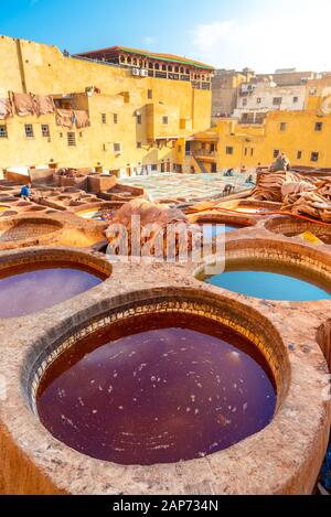 Leder stirbt in einer traditionellen Gerberei in der Stadt Fes, Marokko Stockfoto