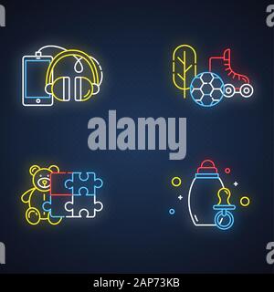 E-commerce Abteilungen Neon Licht Symbole gesetzt. Online shopping Kategorien. Spielzeug, Hobbys. Baby Produkte. Telefone und Zubehör. Sport und draußen. Gl Stock Vektor