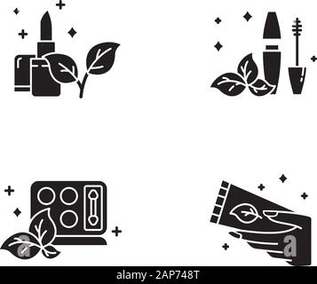 Biokosmetik Glyphe Symbole gesetzt. Lippenstift. Mascara Rohr. Eyeshadow Palette. Die Hand Creme, Lotion. Hautpflege. Natürliche Schönheit Produkte. Kostenlose Paraben. Sil Stock Vektor
