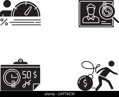 Kredit Glyphe Symbole gesetzt. Die persönliche Kreditwürdigkeit. Bunkrapcy Risiko. Credit Score. Paycheck, Bill, Steuern Blatt mit Preis. Schwere Kreditkarte Schuld. Stock Vektor