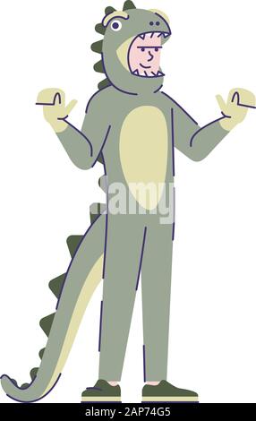Mann verkleidet in Dinosaurier kostüm Flachbild Vector Illustration. Zeichentrickfigur mit outline Elemente auf weißem Hintergrund. Dino Karneval Outfit. Stock Vektor