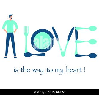 Vector Illustration Inschrift Liebe von Besteck, Leute. Valentinstag, Hochzeit, Geburtstag. Liebe Konzept. Romantische Hintergrund. Design für die Landung p Stock Vektor