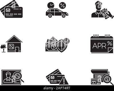 Kredit Glyphe Symbole gesetzt. Jahreszins Bericht. Kunststoff Kreditkarte. Versicherung Programm. Haus, Auto Darlehen. Bonität. Geld leihen, Geld. S Stock Vektor