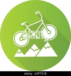 Berg Radfahren grünen, flachen Design lange Schatten glyph Icon. Cross Country, Downhill Biken. Sportliche Aktivitäten im Freien. Reiten auf unebenem Gelände. Extrem Stock Vektor