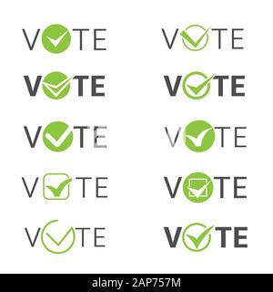 Wahl Symbole. Abstimmung Text mit grünen Kontrollkästchen Stock Vektor