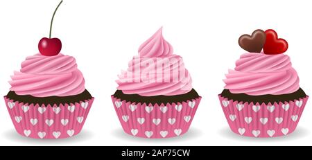 Zum valentinstag rosafarbene Cupcakes mit Kirsche und Herzen Stock Vektor