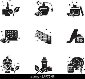 Biokosmetik Glyphe Symbole gesetzt. Lippenstift. Parfüm, Duft. Hautpflege Creme. Lidschatten Kit. Gesichtsmaske. Shampoo. Deodorant. Natürliche Produkte. Sil Stock Vektor