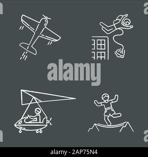 Air extreme sports Chalk Symbole gesetzt. Kunstflug, base jumping, micro Beleuchtung und highlinen. Aktivitäten im Freien. Adrenalin Unterhaltung und riskante re Stock Vektor