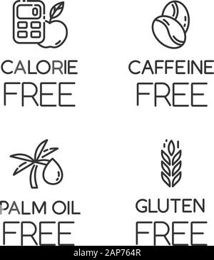 Produkt frei Zutat lineare Symbole gesetzt. Keine Kalorien, Koffein, Palmöl, Gluten. Ökologische Lebensmittel. Wenig Kalorien Mahlzeiten. Thin Line Kontur Symbole. Isolat Stock Vektor