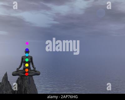 Frau meditiert und chakra Farben bei Nacht - 3D Rendern Stockfoto