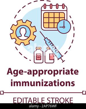 Alter entsprechende Impfungen Konzept Symbol. Die grundimmunisierung Idee dünne Linie Abbildung. Healthcare, Spritze, Kalender. Medikation Timing. Vektor Stock Vektor