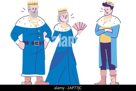 Mittelalterliche König, Königin und Prinz flachbild Vector Illustration. Königreich Lineale mit Sohn isoliert Zeichentrickfiguren mit outline Elemente auf weißem backgroun Stock Vektor