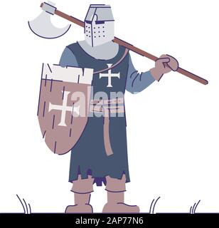 Ritter in Rüstung, Waffe flachbild Vector Illustration. Mittelalterliche Helden isoliert Zeichentrickfigur mit outline Elemente auf weißem Hintergrund. Crusader Stock Vektor