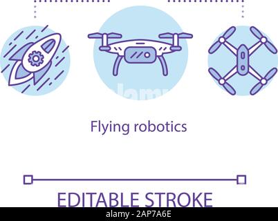 Fliegende Roboter Konzept Symbol. Unbemannte Luftfahrzeuge. UAV. Führerlose Flugzeug. Lieferung Drohnen. Rakete, copter Idee dünne Linie Abbildung. Vektor iso Stock Vektor